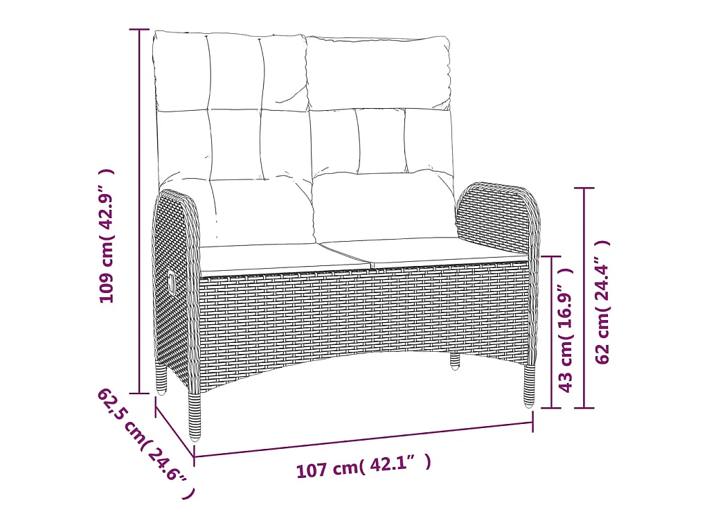 Banc de jardin inclinable avec coussins 107 cm Poly rotin Gris