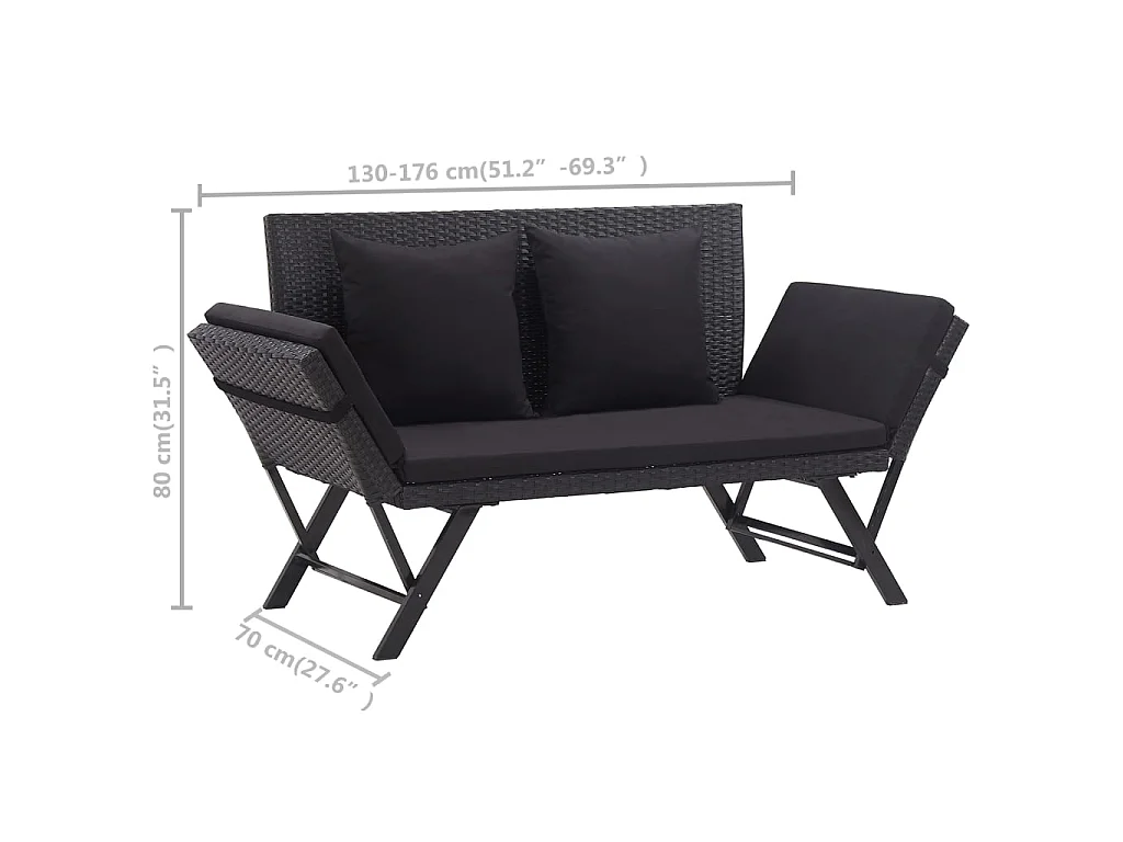 Gartenbank mit Auflagen 176 cm Schwarz Poly Rattan