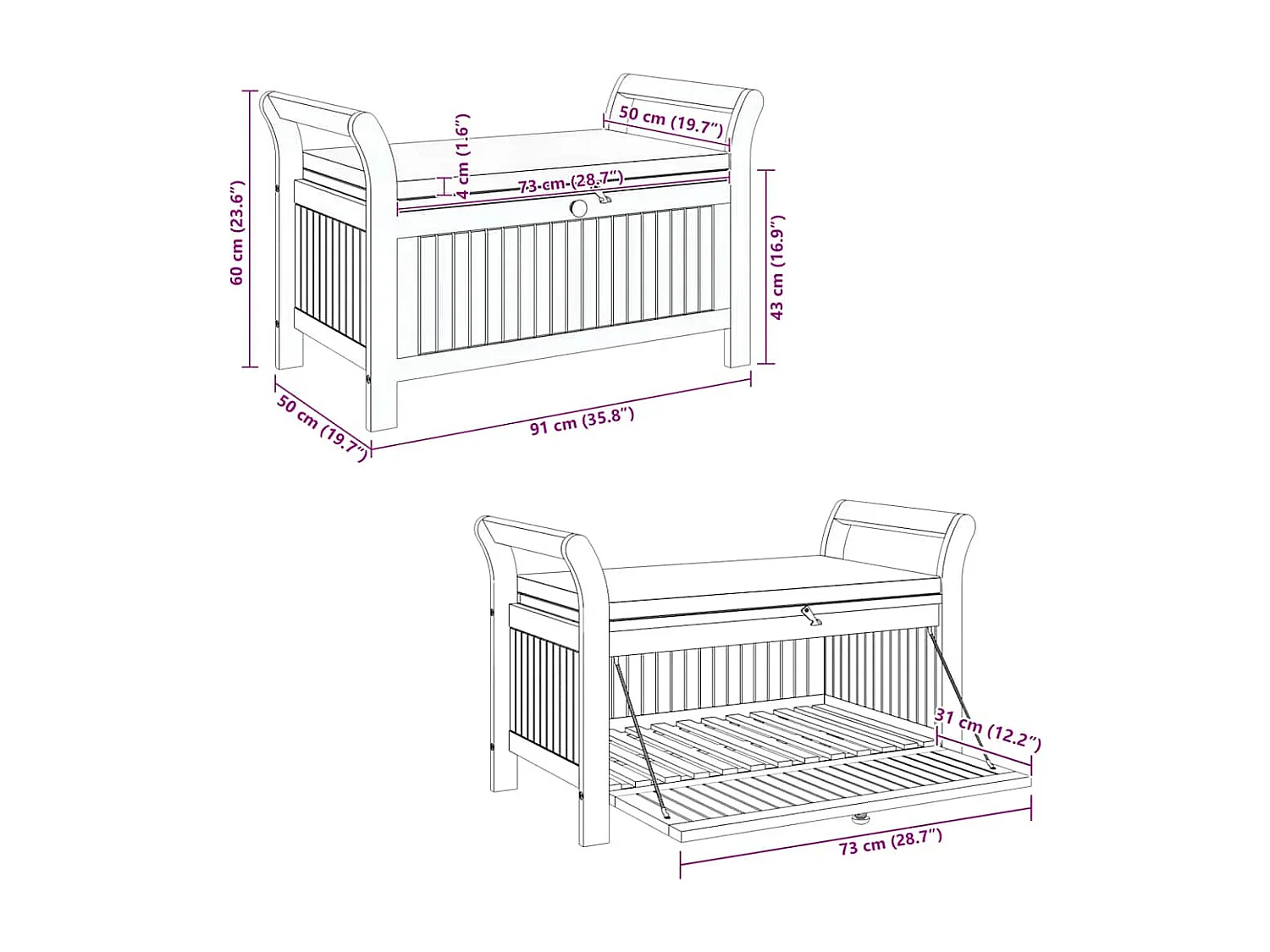Tuinopbergbank met kussen 91 cm massief acaciahout