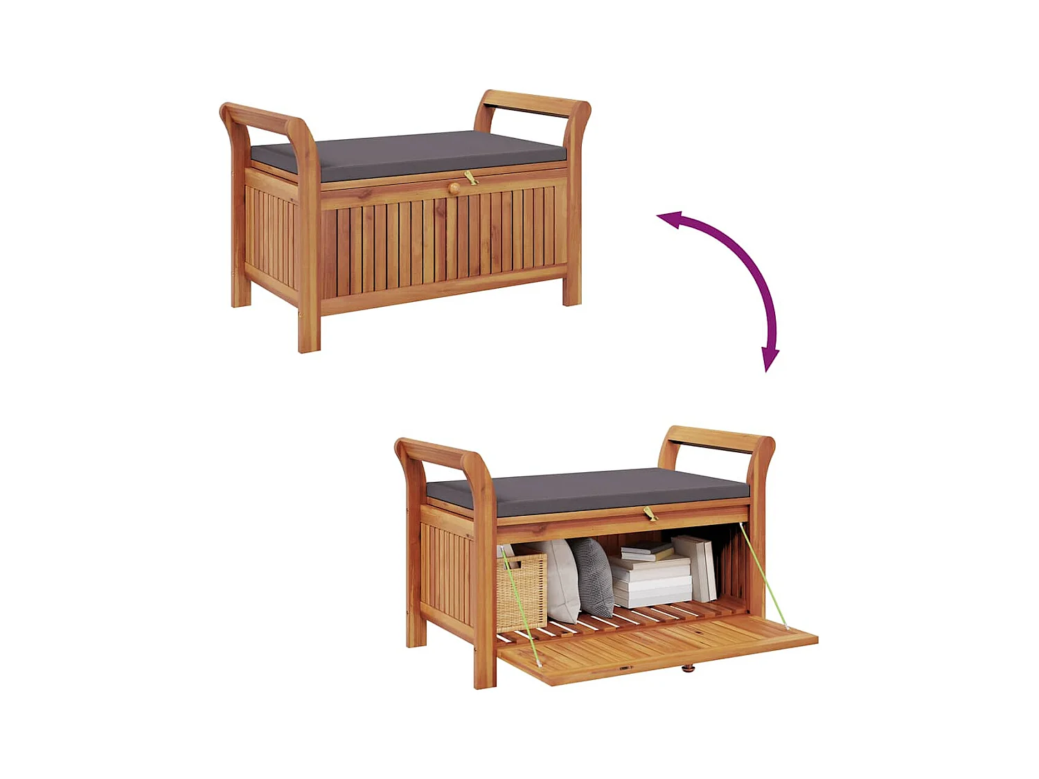 Banco almacenaje jardín con cojín madera maciza de acacia 91 cm