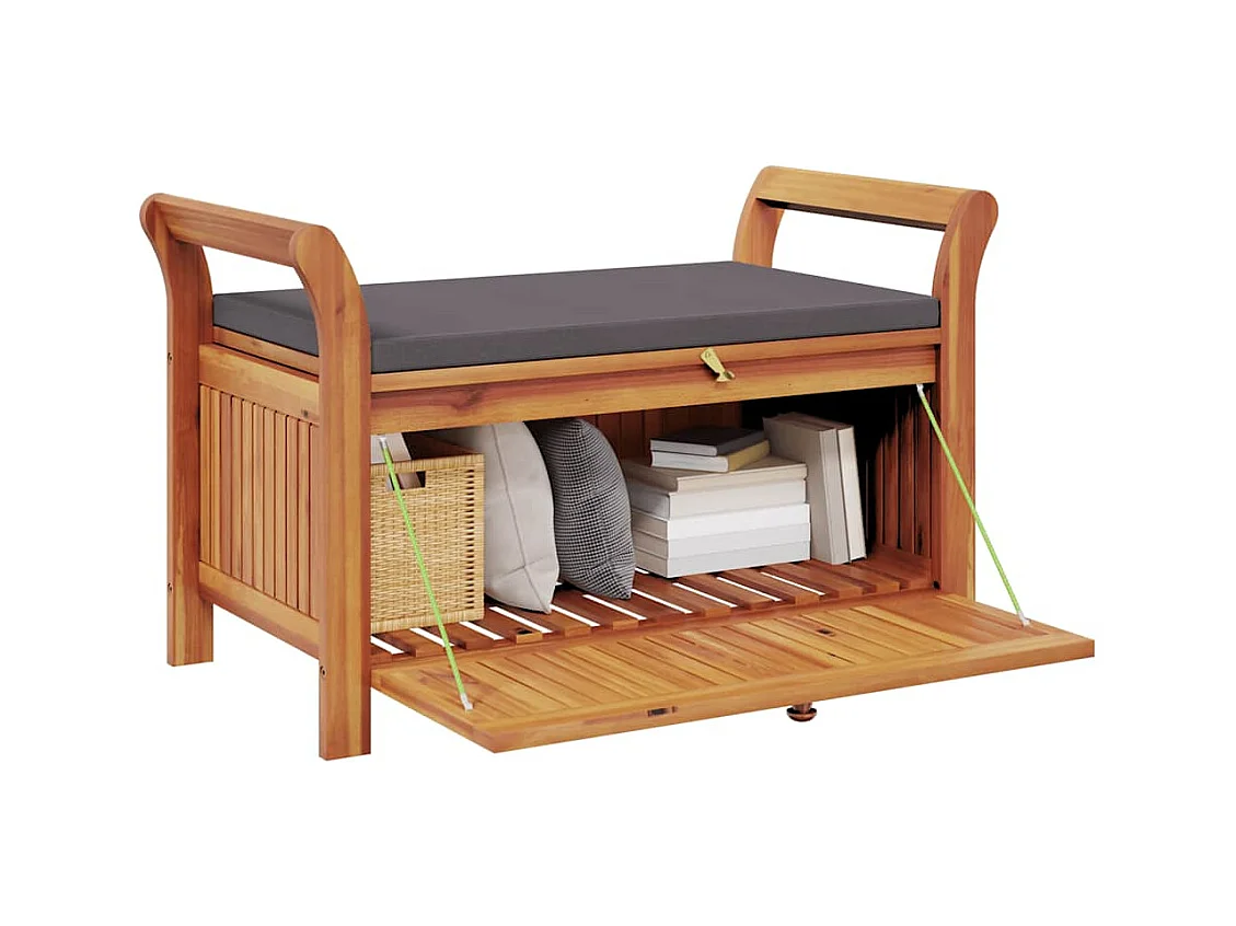 Banco almacenaje jardín con cojín madera maciza de acacia 91 cm