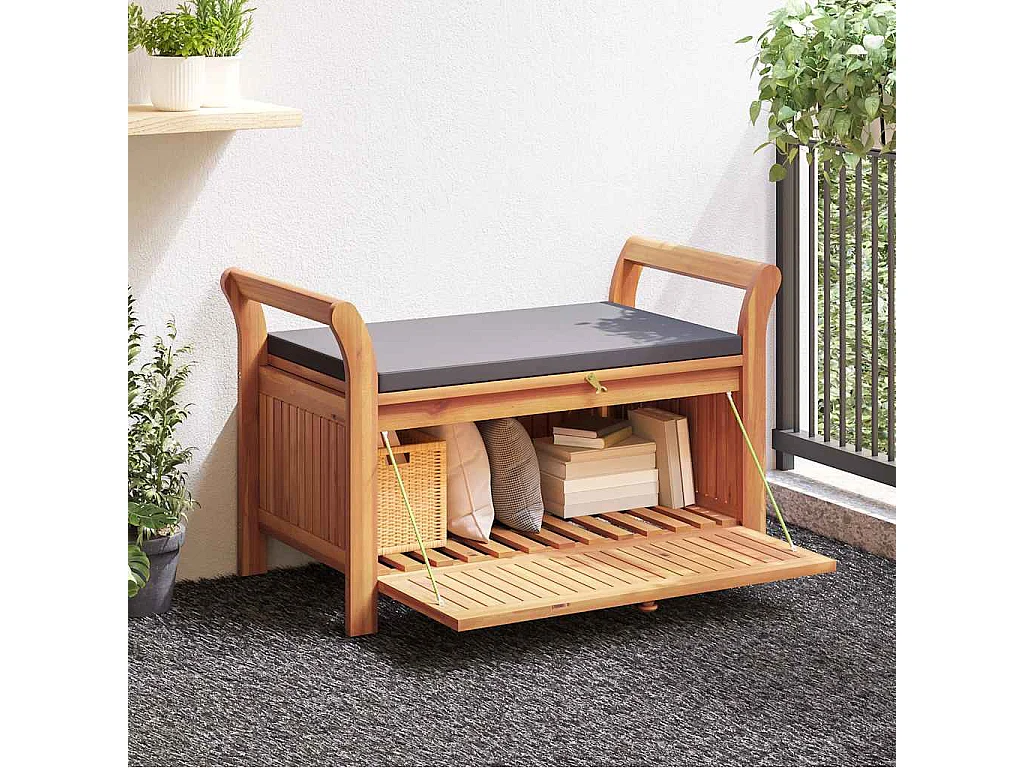 Banco almacenaje jardín con cojín madera maciza de acacia 91 cm