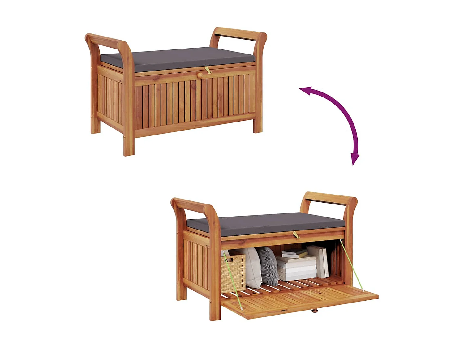 Banco almacenaje jardín con cojín madera maciza de acacia 91 cm