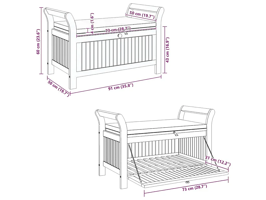 Banc de rangement de jardin avec coussin 91 cm Bois d'acacia