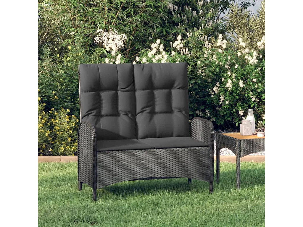 Banco de jardín reclinable con cojines ratán PE negro 107 cm