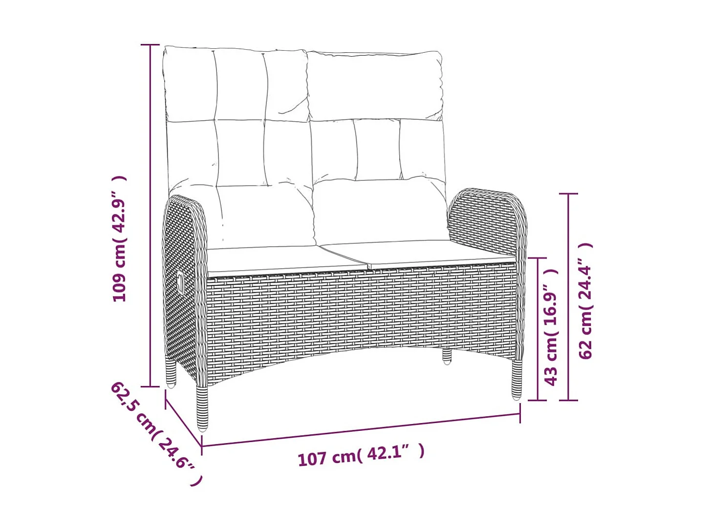 Banco de jardín reclinable con cojines ratán PE negro 107 cm