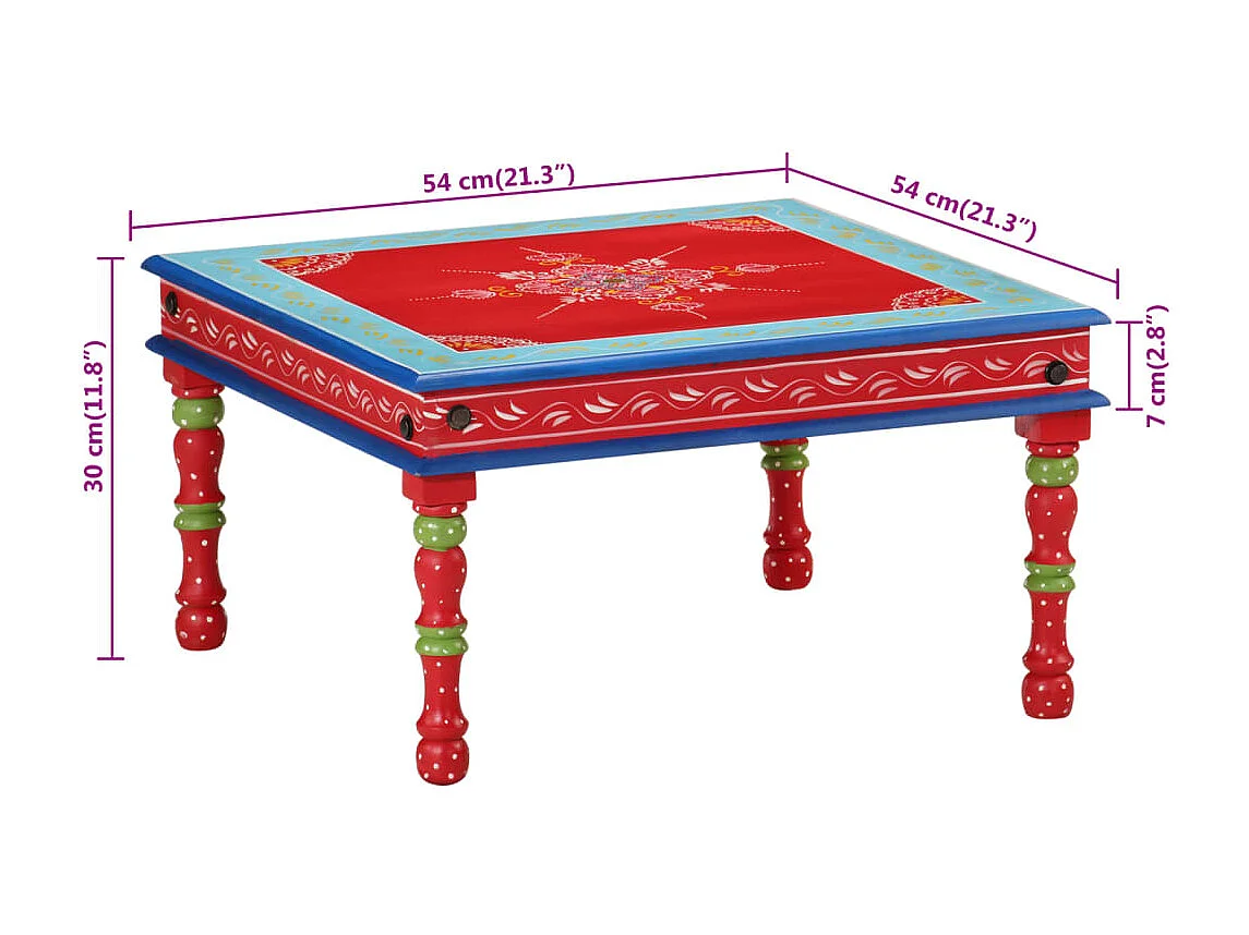 Table basse rouge bois de manguier massif peint à la main