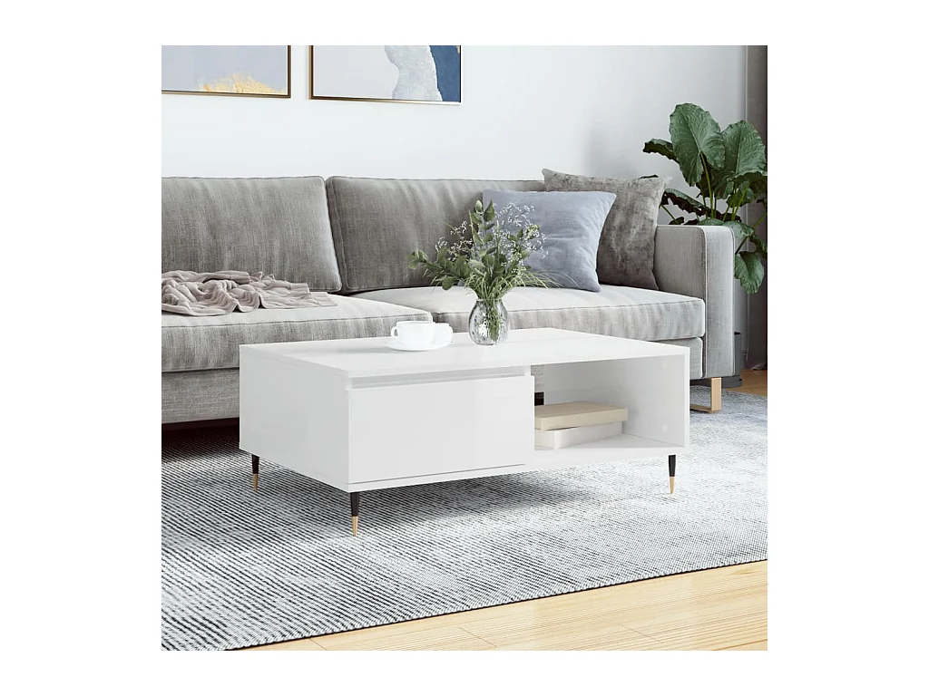 Tavolino Salotto Bianco Lucido 90x60x35 cm in Legno Multistrato
