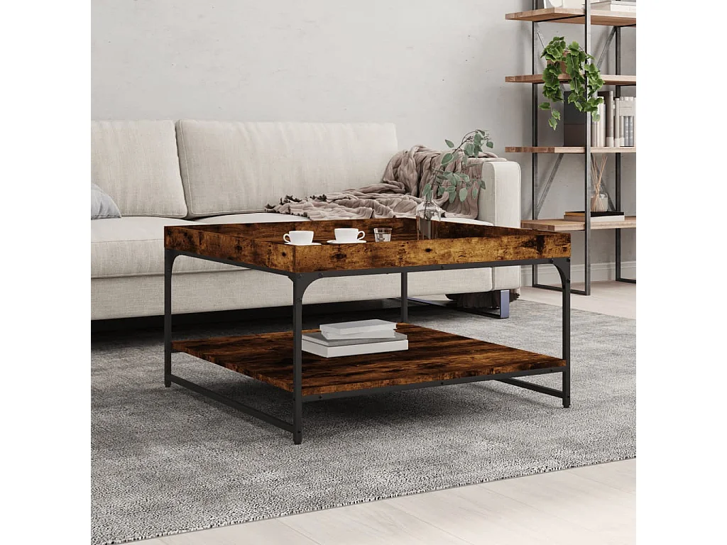 Table basse chêne fumé 80x80x45 cm bois d'ingénierie et fer