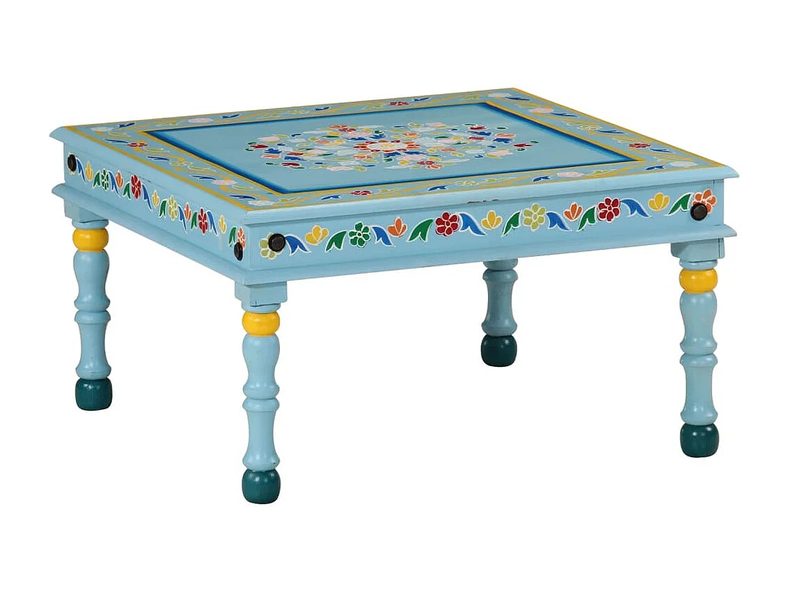 Table basse turquoise bois de manguier massif peint à la main