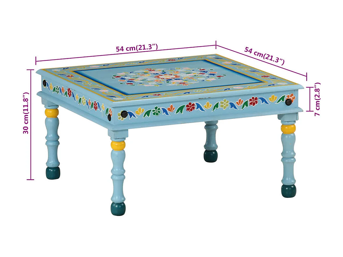 Table basse turquoise bois de manguier massif peint à la main