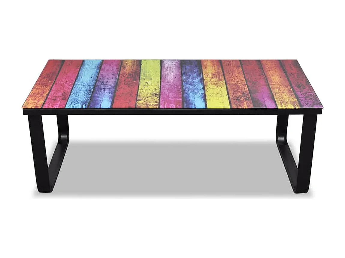 Mesa de centro, tampo de vidro com impressão de arco-íris