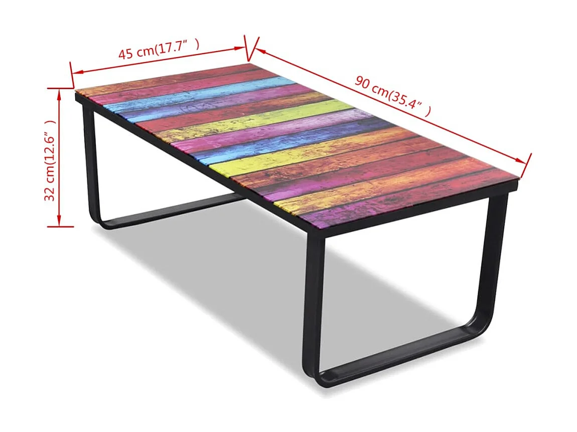Mesa de centro, tampo de vidro com impressão de arco-íris