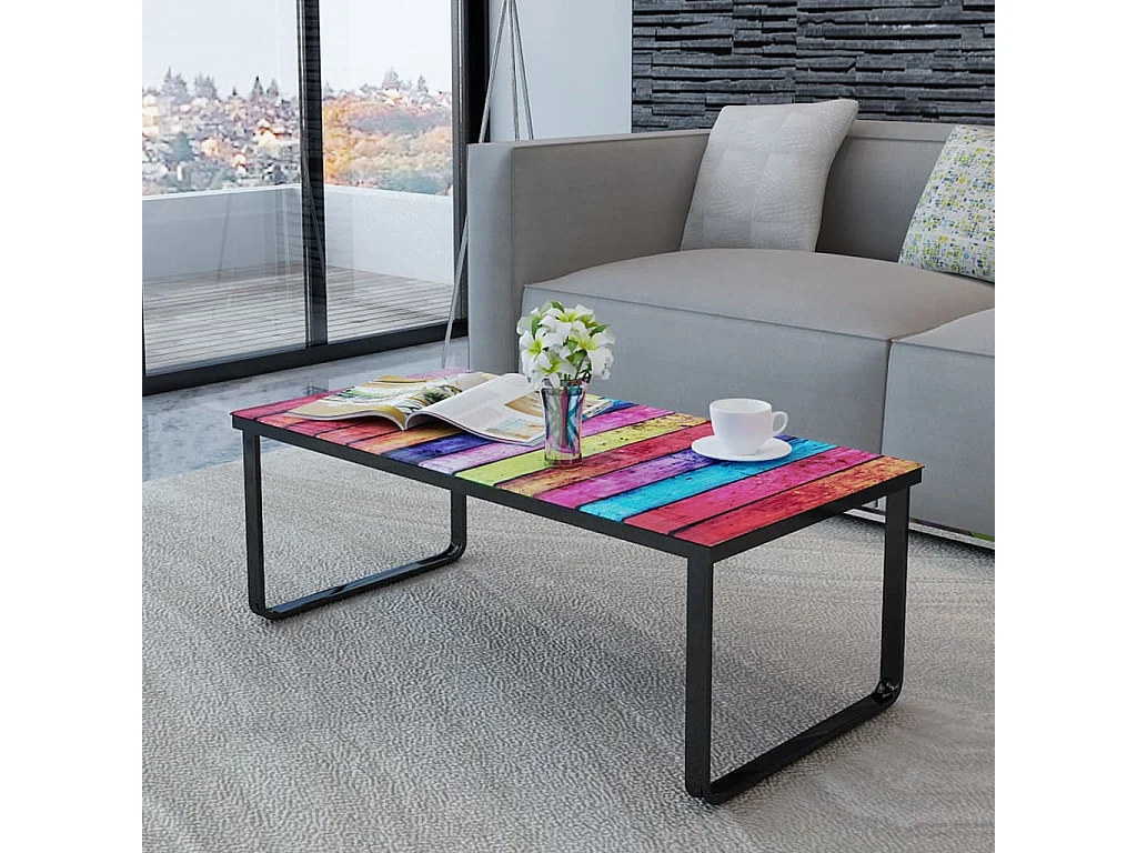 Table basse avec impression d'arc-en-ciel Dessus en verre