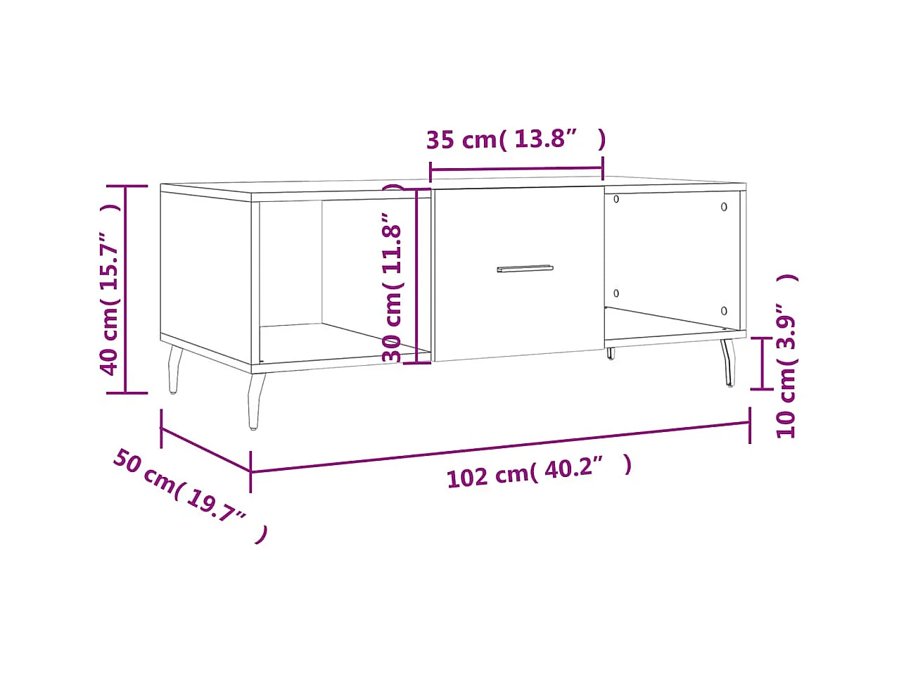 Salontafel 102x50x40 cm bewerkt hout hoogglans wit