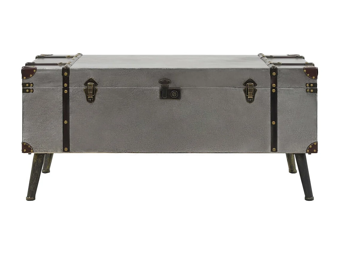 Stolik kawowy vintage z MDF i srebrnym aluminium z miejscem do przechowywania 102x51x47,5 cm, stalowe nogi i wygodne uchwyty