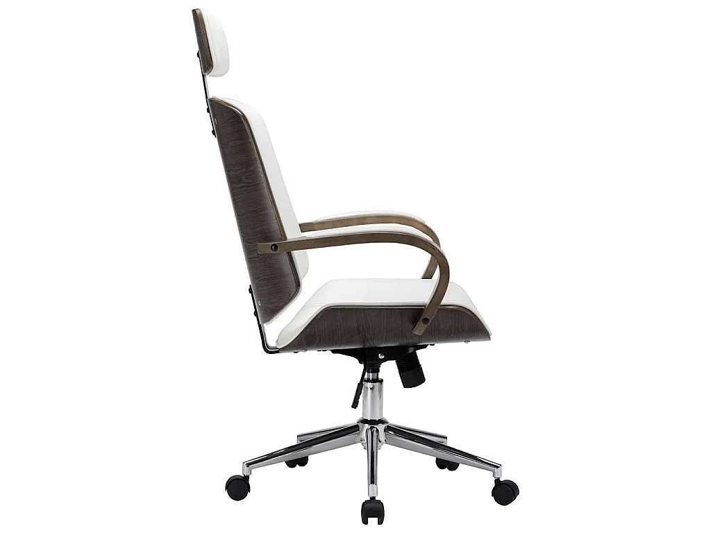 Sedia Girevole con Poggiatesta Bianca Similpelle Legno Curvato