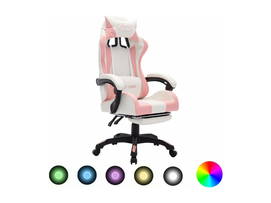 Cadeira estilo corrida c/ luzes LED RGB couro arti. rosa/branco