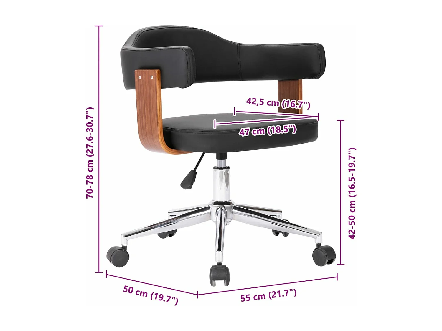 Chaise pivotante de bureau Noir Bois courbé et similicuir