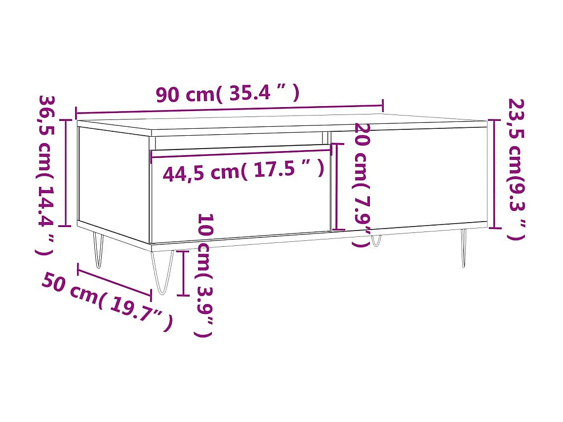 Mesa de centro 90x50x36,5cm derivados madeira carvalho castanho