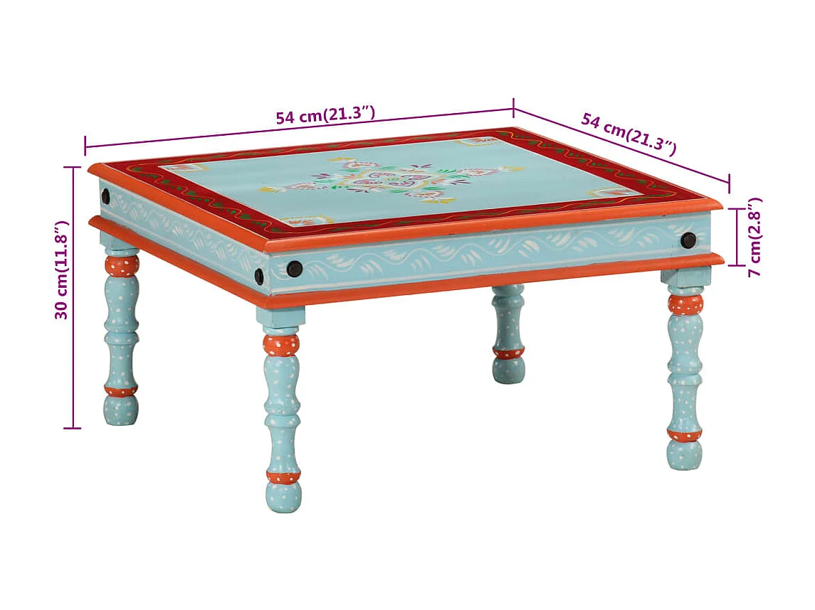 Tavolino Salotto Blu Dipinto a Mano in Legno Massello di Mango