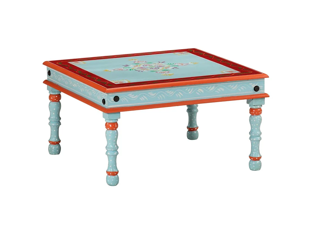 Tavolino Salotto Blu Dipinto a Mano in Legno Massello di Mango