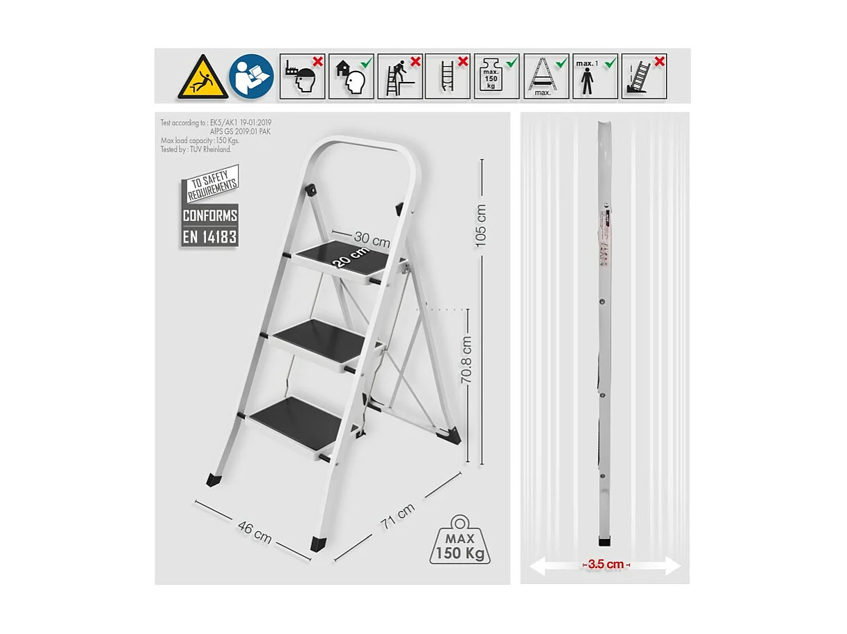 Escabeau 3 Marches pliant & antidérapant Acier Max 150kg (46x71x105cm) MSV