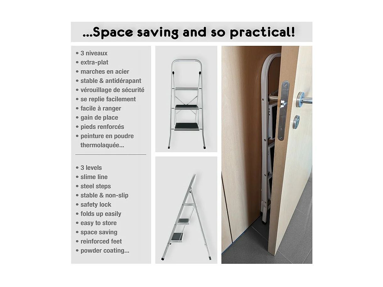 Escabeau 3 Marches pliant & antidérapant Acier Max 150kg (46x71x105cm) MSV