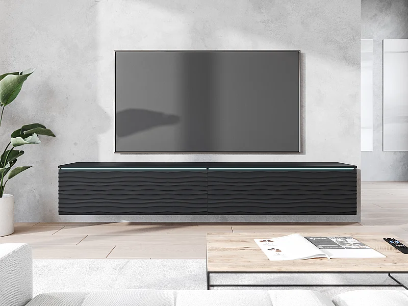 TV-Element stehend / hängend, Graphitschwarz mit Wellenfront und LED, 180 cm - Kane