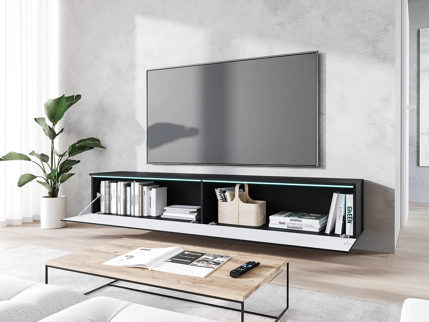Meuble TV - 180 cm - noir graphite/noir avec façade à motif ondulé - avec LED - KANE