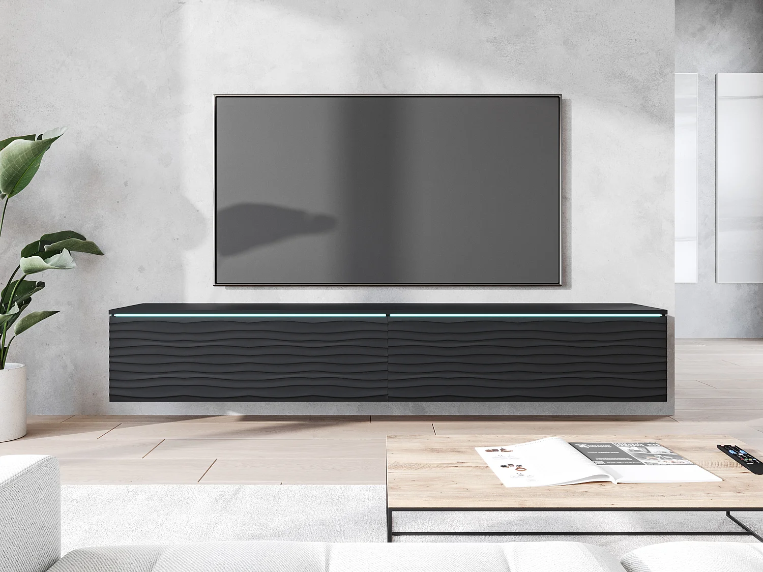 Meuble TV - 180 cm - noir graphite/noir avec façade à motif ondulé - avec LED - KANE