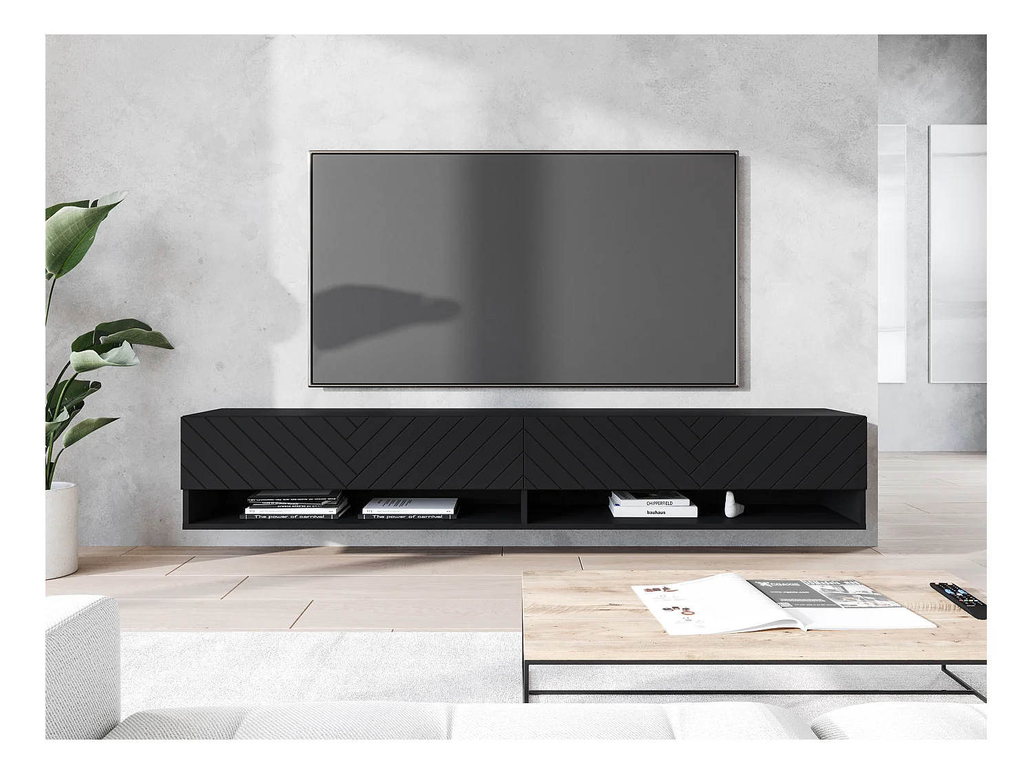 Mueble de TV - 180 cm - grafito negro/negro con diseño en espiga - sin LED - WANDER