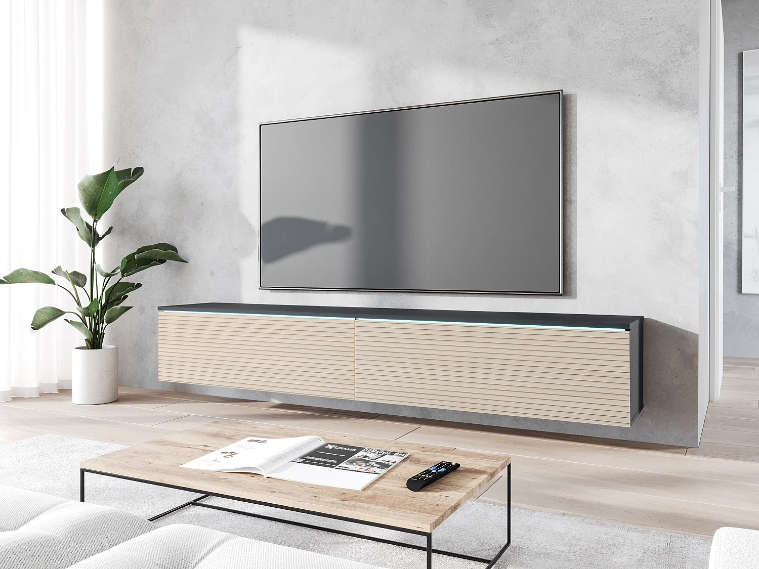 Meuble TV - 180 cm - Couleur anthracite avec façade en couleur chêne à lamelles - avec LED - KANE