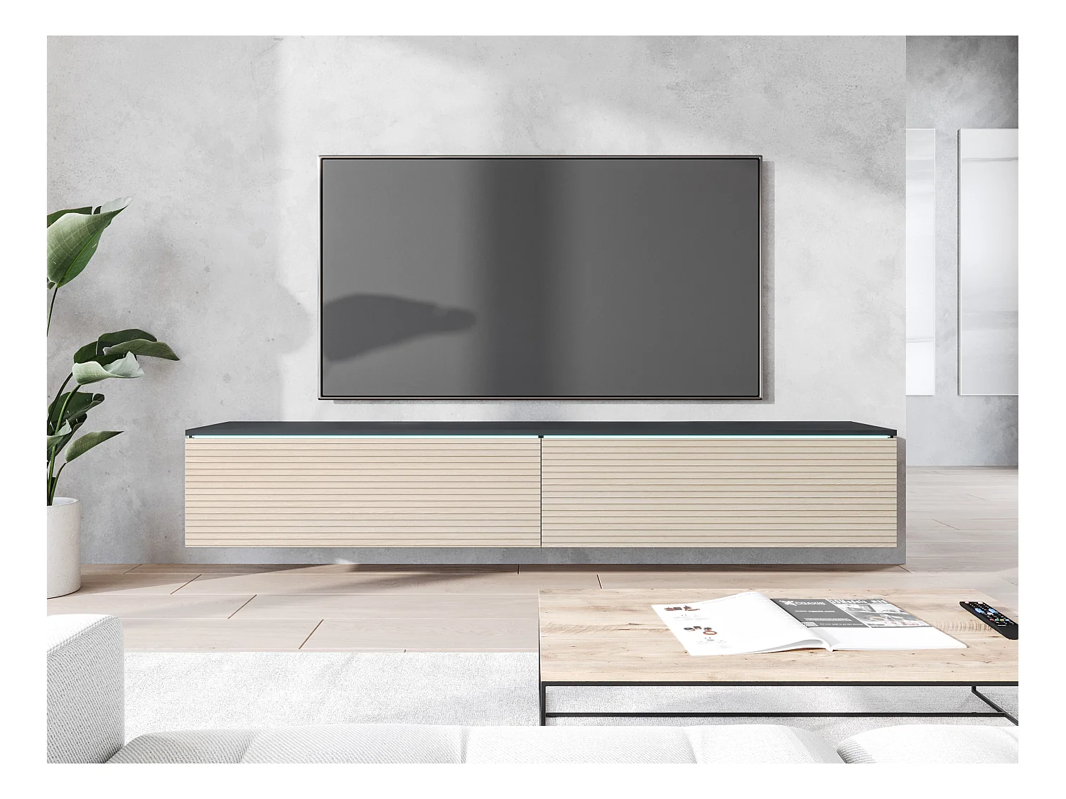 Meuble TV - 180 cm - Couleur anthracite avec façade en couleur chêne à lamelles - avec LED - KANE