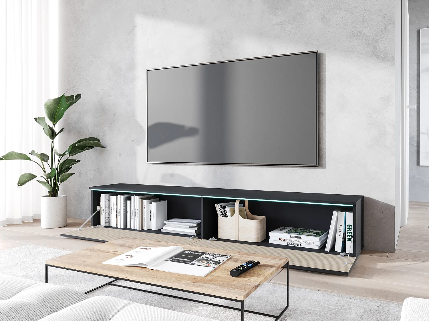 Meuble TV - 180 cm - Couleur anthracite avec façade en couleur chêne à lamelles - avec LED - KANE