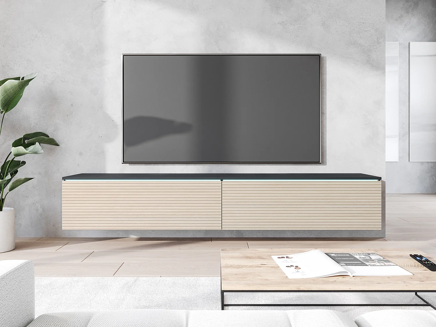 Mueble TV - 180 cm - Antracita con frente de listones de roble - con LED - KANE