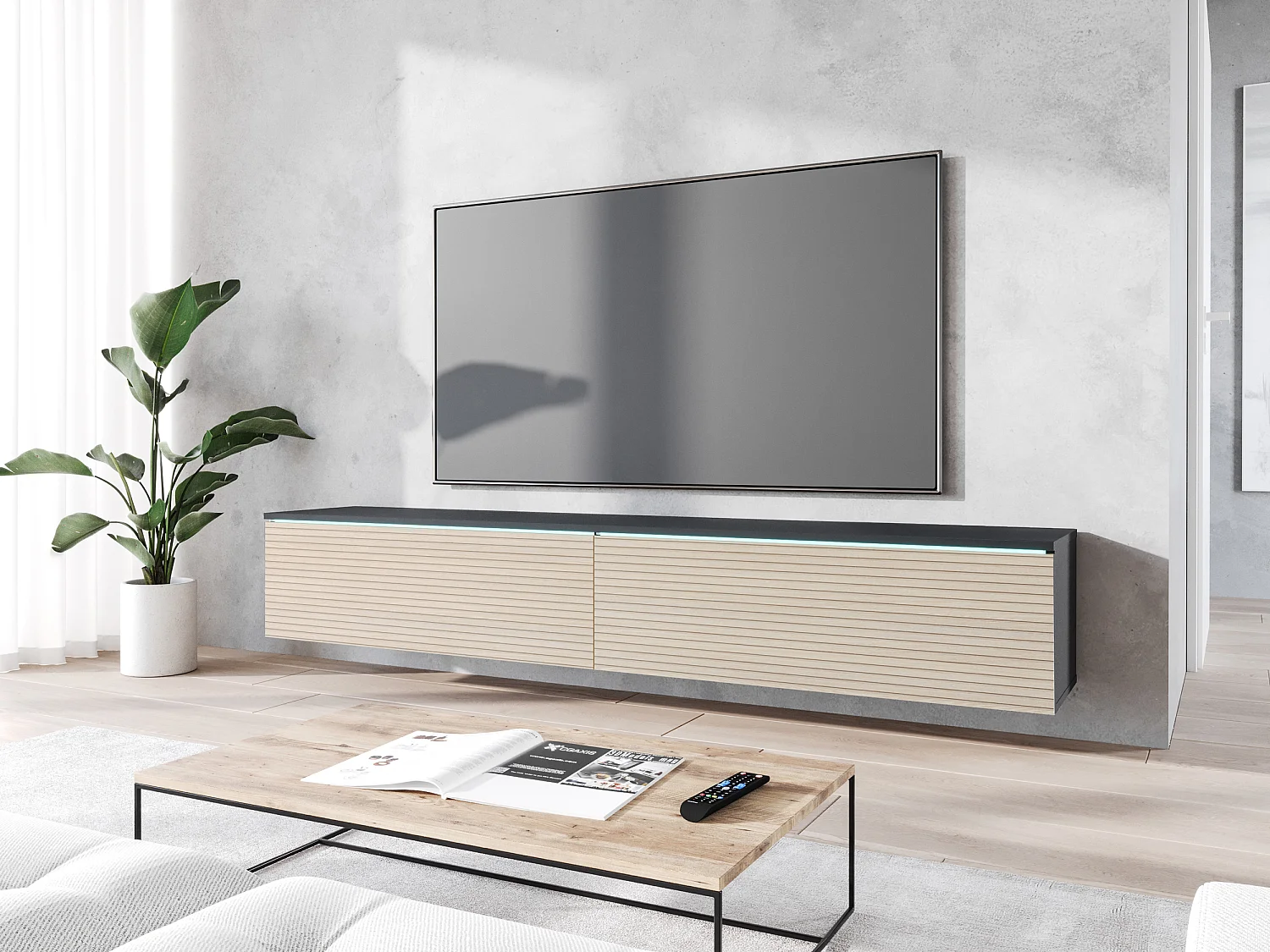 Mueble TV - 180 cm - Antracita con frente de listones de roble - con LED - KANE
