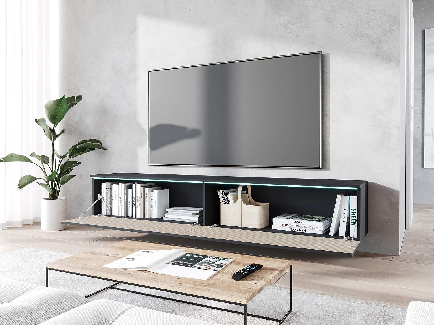 Mueble TV - 180 cm - Antracita con frente de listones de roble - con LED - KANE