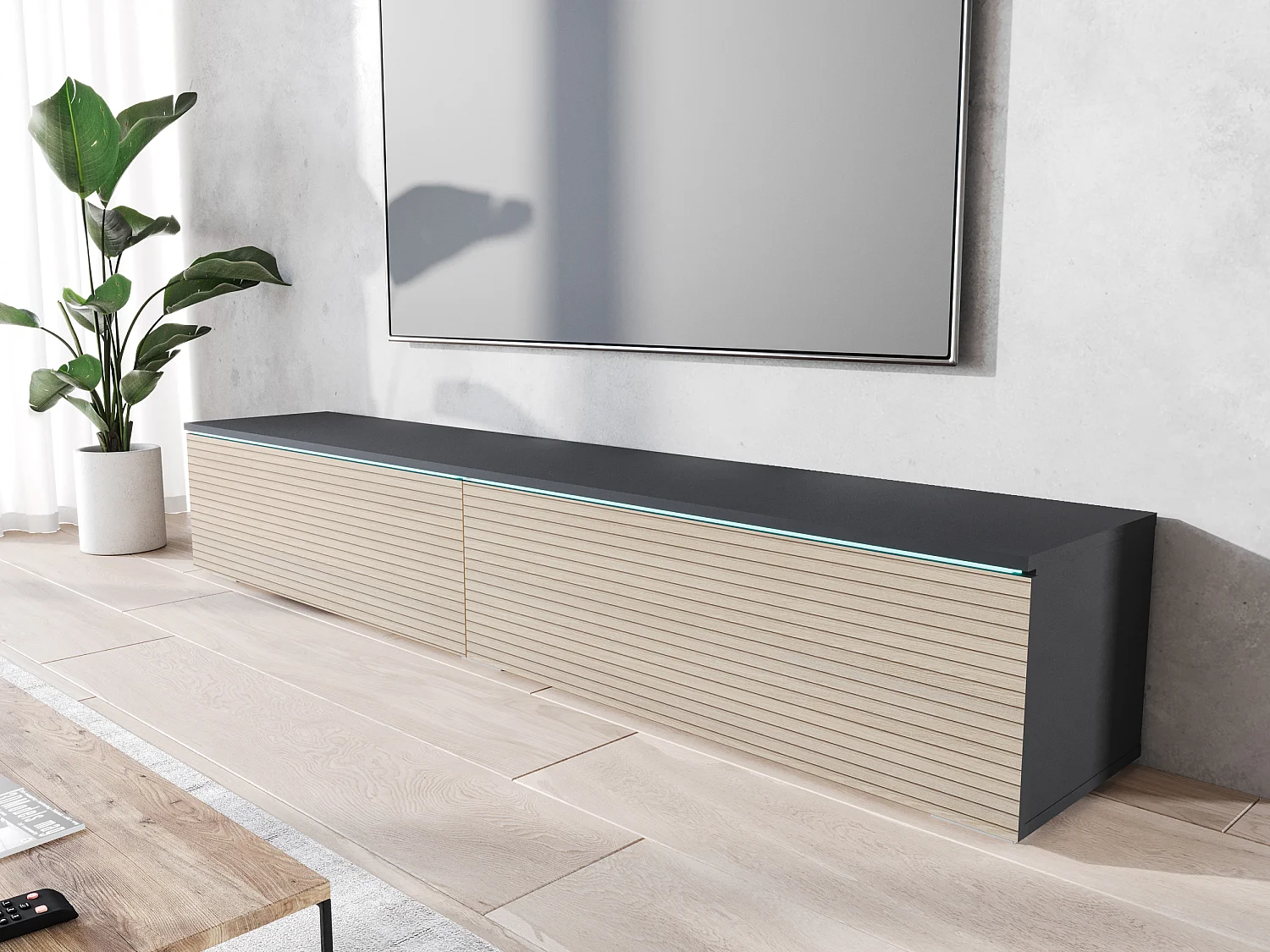 Mueble TV - 180 cm - Antracita con frente de listones de roble - con LED - KANE