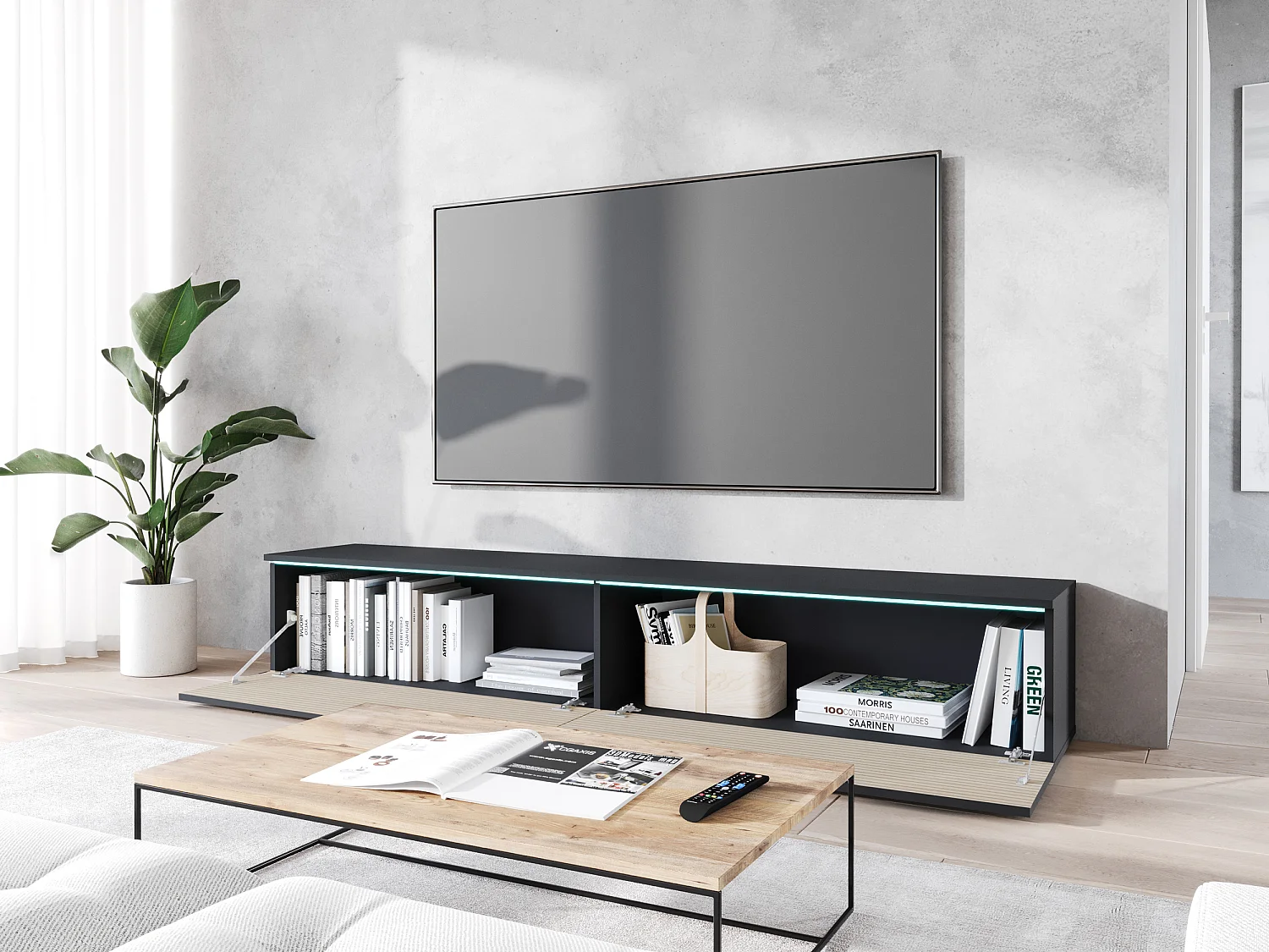 Mueble TV - 180 cm - Antracita con frente de listones de roble - con LED - KANE