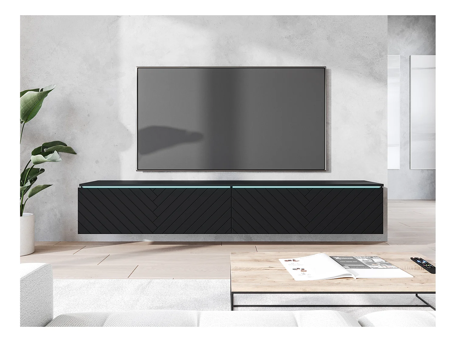 Mobile TV - 180 cm - nero/nero grafite con motivo a spina di pesce - con LED - KANE