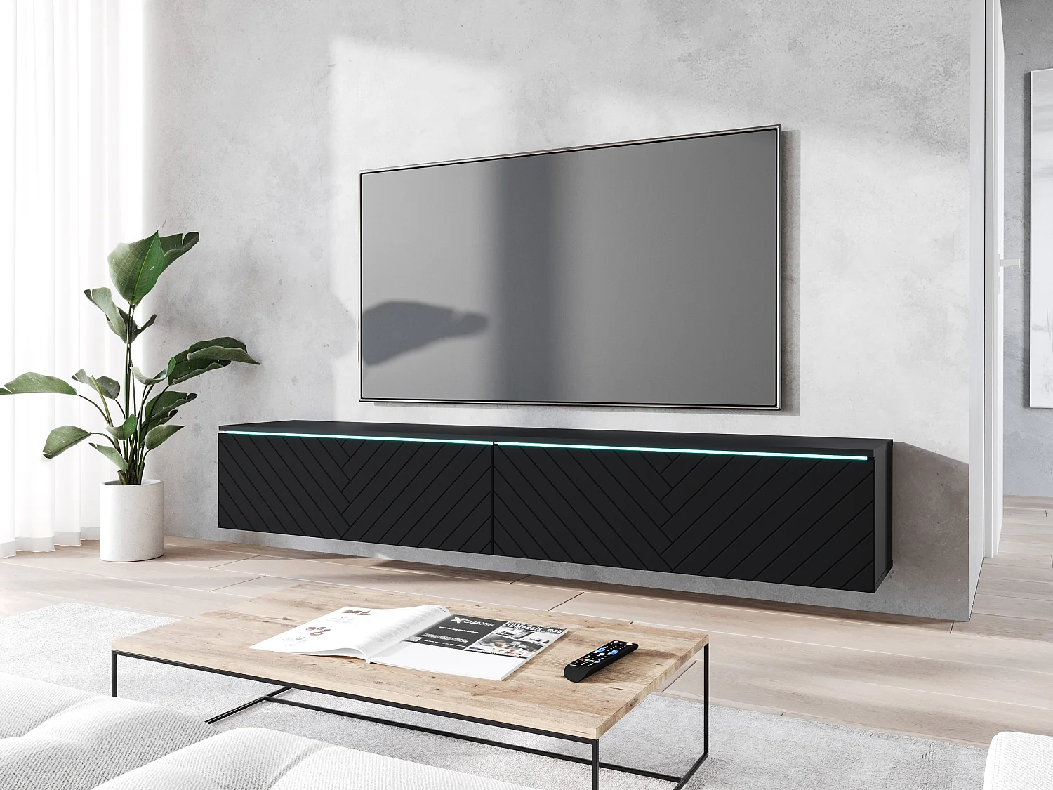 Mobile TV - 180 cm - nero/nero grafite con motivo a spina di pesce - con LED - KANE