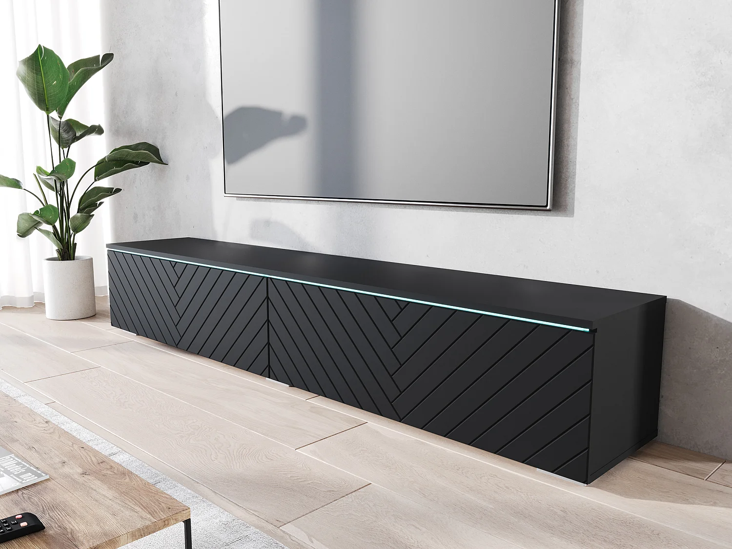 Mobile TV - 180 cm - nero/nero grafite con motivo a spina di pesce - con LED - KANE