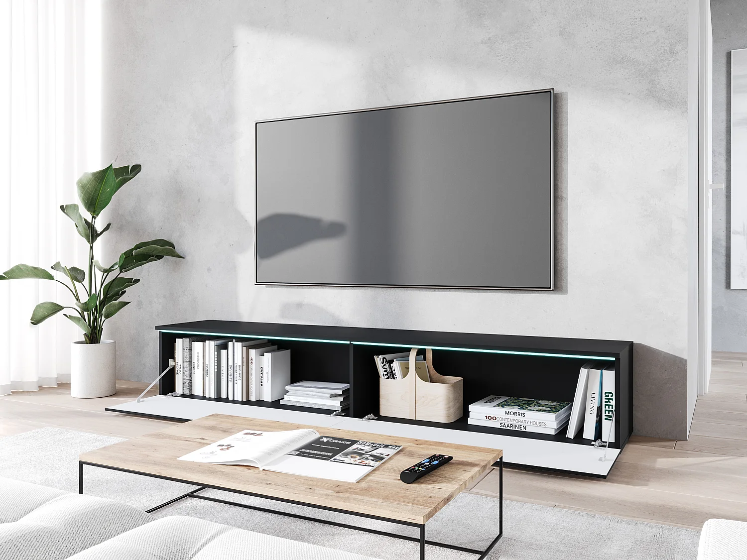 Mobile TV - 180 cm - nero/nero grafite con motivo a spina di pesce - con LED - KANE