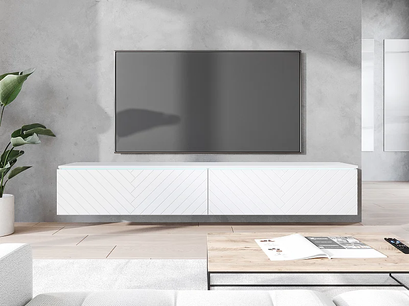 Meuble TV - 180 cm - blanc à chevrons - avec LED - KANE