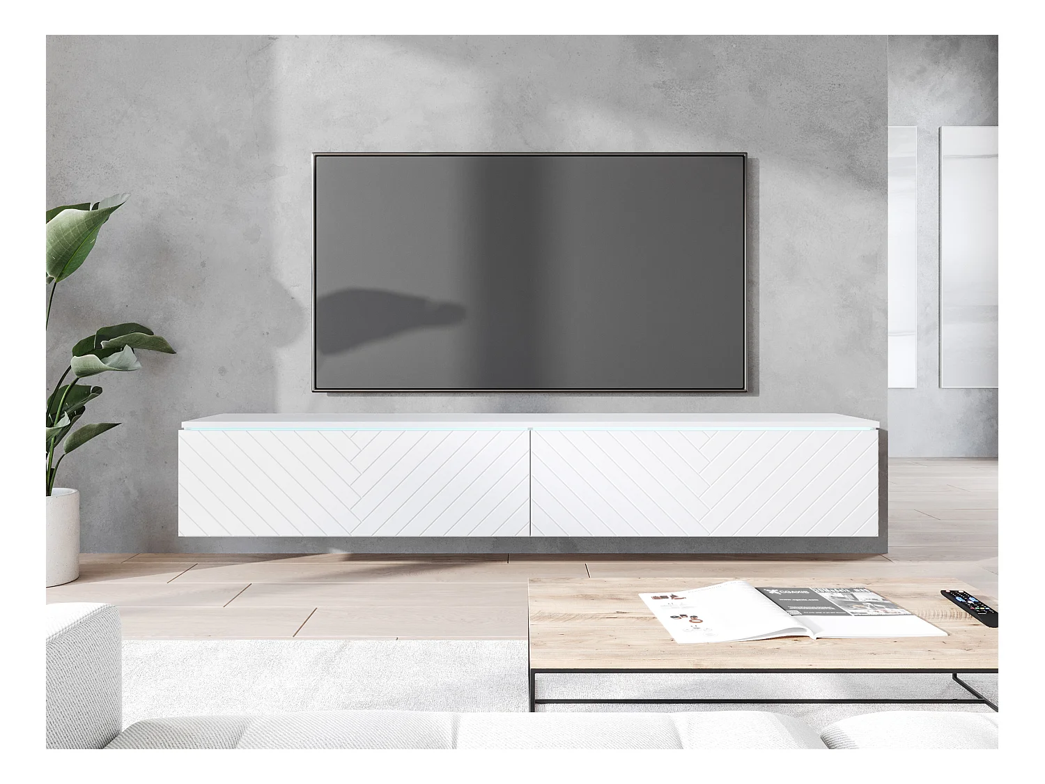 Meuble TV - 180 cm - blanc à chevrons - avec LED - KANE