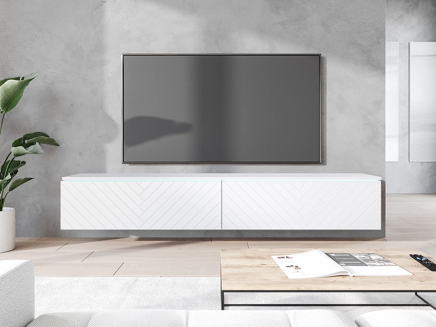 Meuble TV - 180 cm - blanc à chevrons - avec LED - KANE