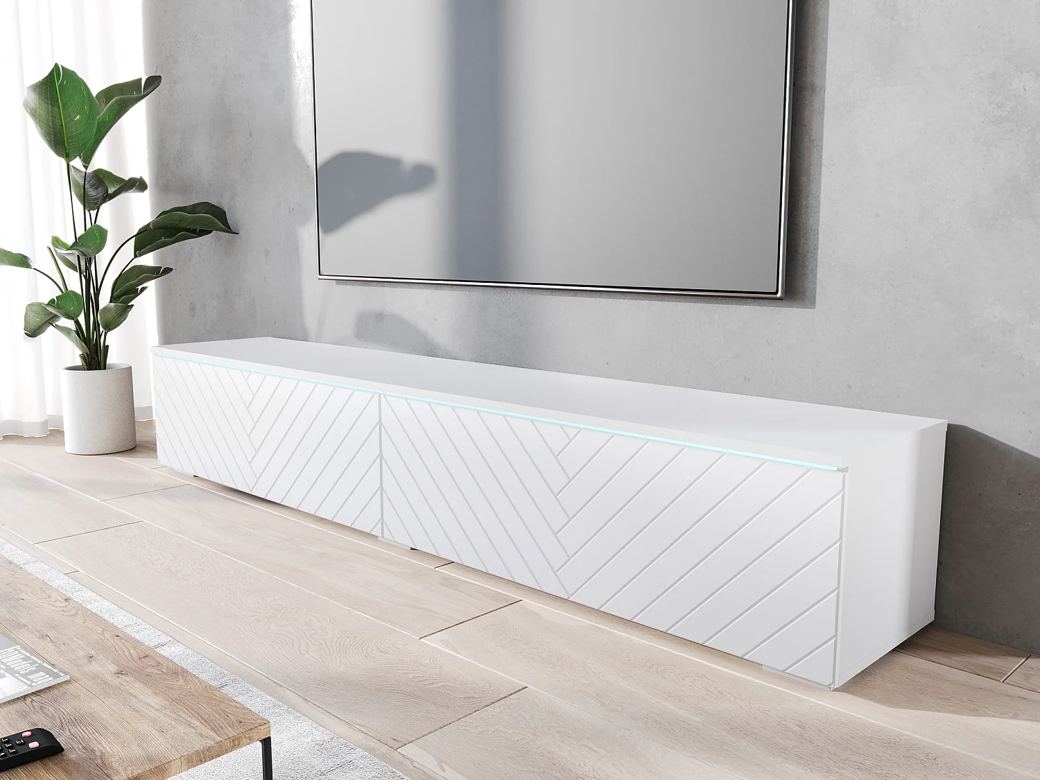 Meuble TV - 180 cm - blanc à chevrons - avec LED - KANE