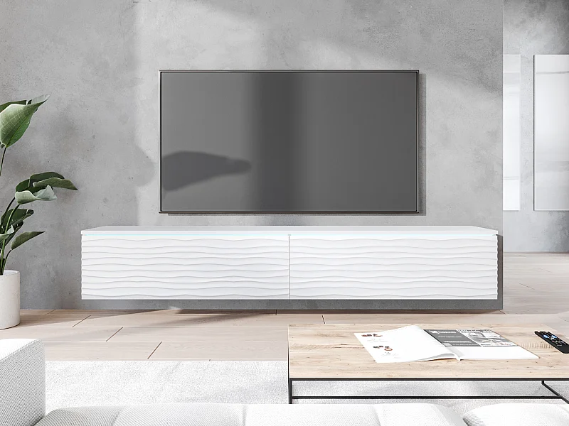 Meuble TV - 180 cm - blanc avec façade à motif ondulé - avec LED - KANE