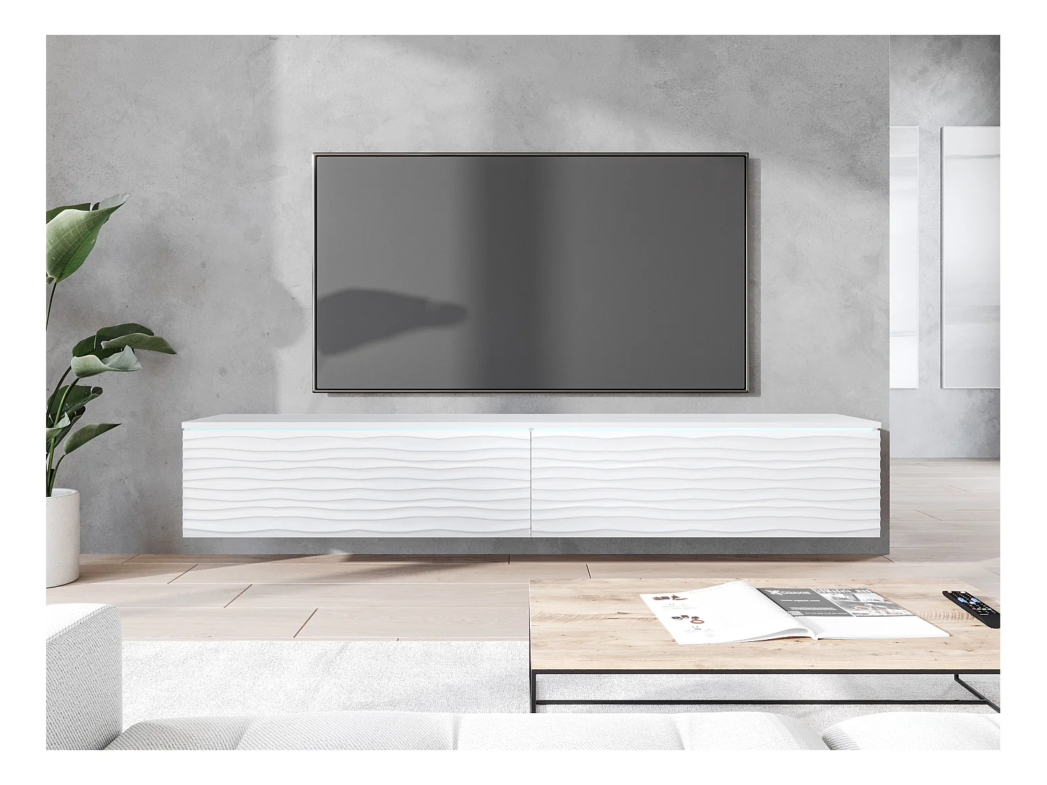Meuble TV - 180 cm - blanc avec façade à motif ondulé - avec LED - KANE